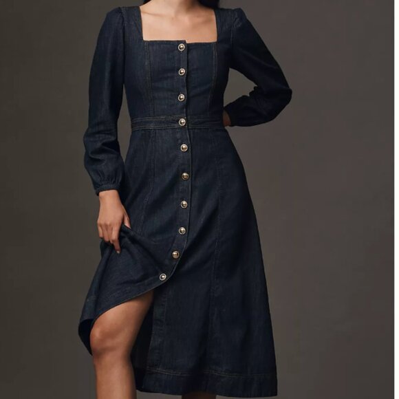 NWT Reformation Celeste Denim Maxi Dress Blue Buttoned Long Sleeve jean 8 gold NWT Reformation Celeste Denim Maxi Dress Blue Buttoned Long Sleeve jean 8 gold